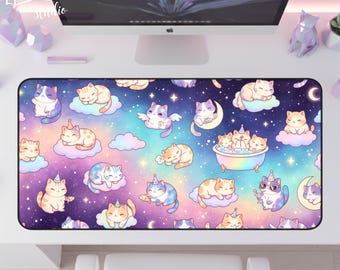 Cosmic Cat Desk Mat XL | Pastel Cloud Stars Mouse Pad | Cozy Kawaii Chibi Cat Office Decor | Rainbow Desk Decor