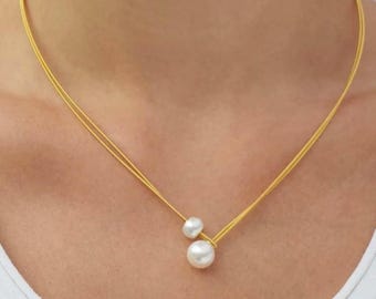 Gold Double Pearl Knot Choker , Minimalist Knot Collar Necklace, Dainty Gold Pearl Choker, Elegant Bridal Everyday Wear Jewelry for Women