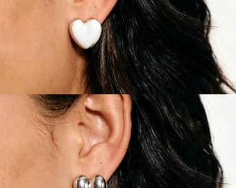 Textured Silver Heart Stud Earrings, Vintage Chunky Heart Post Earrings, Minimalist Retro Silver Statement Ear Jewelry, Gift for Her