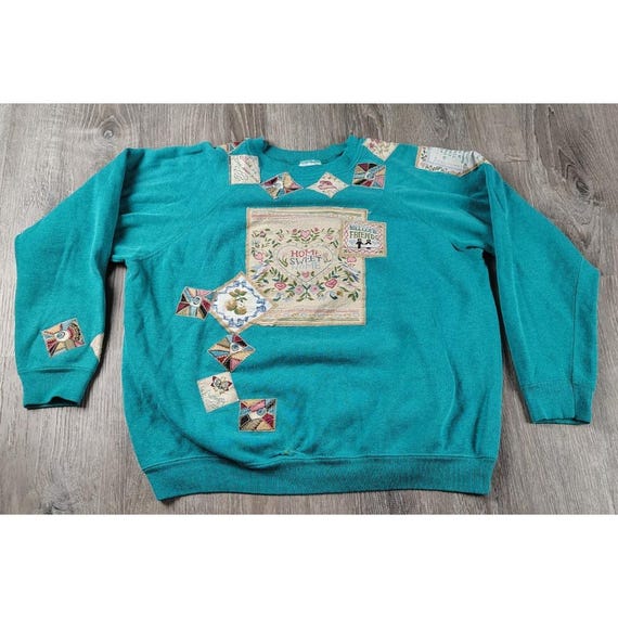 Hanes L USA Crew Neck Sweatshirt Pullover Stitched Upcycle Patchwork Vtg Cottage