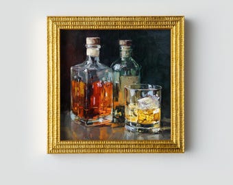 Stillleben Whisky Flaschen Ölgemälde: Bar und Esszimmer, 5X5 Kunstwerk Geschenk