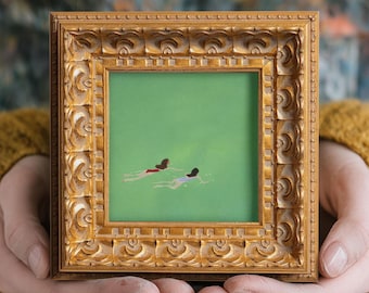 Original Oil Painting, Small Frame Wall Art, Minimalist Home Decor, Gift For Friends, 5X5 Hand Painted Artwork, Two Swimming Girls