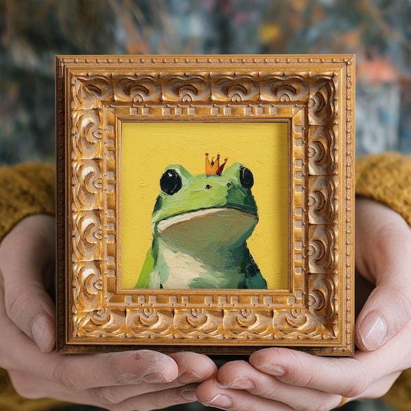 小さなカエルの王子様の油絵、オリジナルの手描きの野生動物、リビングルームの壁アート装飾、5x5のヴィンテージゴールドフレームアートワーク、バレンタインギフト