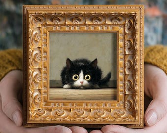 Small Curious Cat Oil Painting, Original Hand Painted, Custom Kitty Portrait, Modern Wall Art, 5X5 Winter Decor, Christmas Gift for Friends