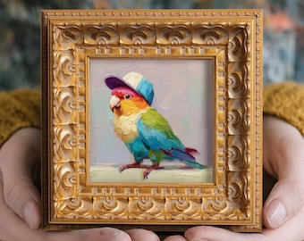 Lovebird Hiker Small Oil Painting, Original Framed Bird Art, Hand Painted Parrot Artwork, Gift for Bird Lover, Adventure Wall Decor