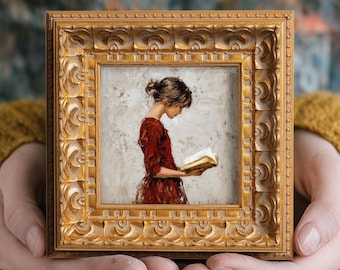 Small Original Oil Painting, Hand Painted Artwork, Reading Room Wall Art Decor, Still life, 5X5 Gold Framed Art, Gift for Friends, Book Girl