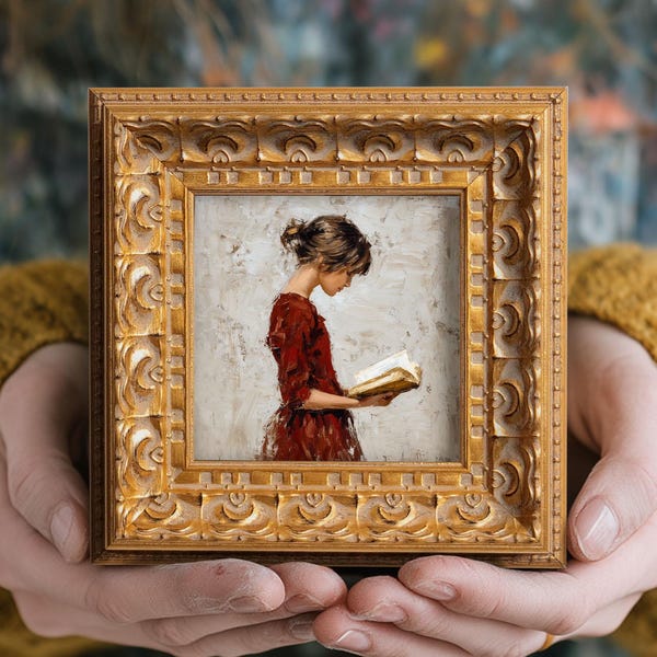Small Original Oil Painting, Hand Painted Artwork, Reading Room Wall Art Decor, Still life, 5X5 Gold Framed Art, Gift for Friends, Book Girl