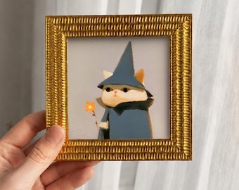Wizard Cat Oil Painting, Original Small Fantasy Pet Art, Bookshelf Decorv