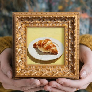 Kleine Stillleben Buttery Croissant Ölgemälde, Handgemalte Original Food Kunst, Vintage Küchen Wanddekoration, Handgemachtes Kunstwerk Geschenk für Mama