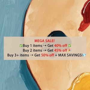 May include: Abstract painting with a beige and blue color palette. The image includes the text "MEGA SALE!" with discount offers for multiple item purchases. The artwork has a textured appearance.