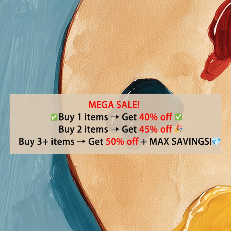 May include: Abstract painting with a beige and blue color palette. The image includes the text "MEGA SALE!" with discount offers for multiple item purchases. The artwork has a textured appearance.