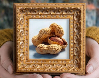 Still life Peanuts Oil Painting, Small Original Art, Hand Painted Artwork, Dining Room Wall Art Decor, Gift for Friends, 5X5 Gold Framed
