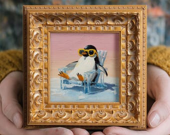 Vacation Penguin Original Oil Painting, Small Framed Wall Art, Hand Painted Canvas, Coastal Home Accent, Wildlife Art, Gift For Animal Lover