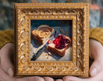 Still life Oil Painting, Original Hand Painted Art,  Wall Art Decor, Gift for Friends, Small 5X5 Gold Framed Artwork, Sauced Toast