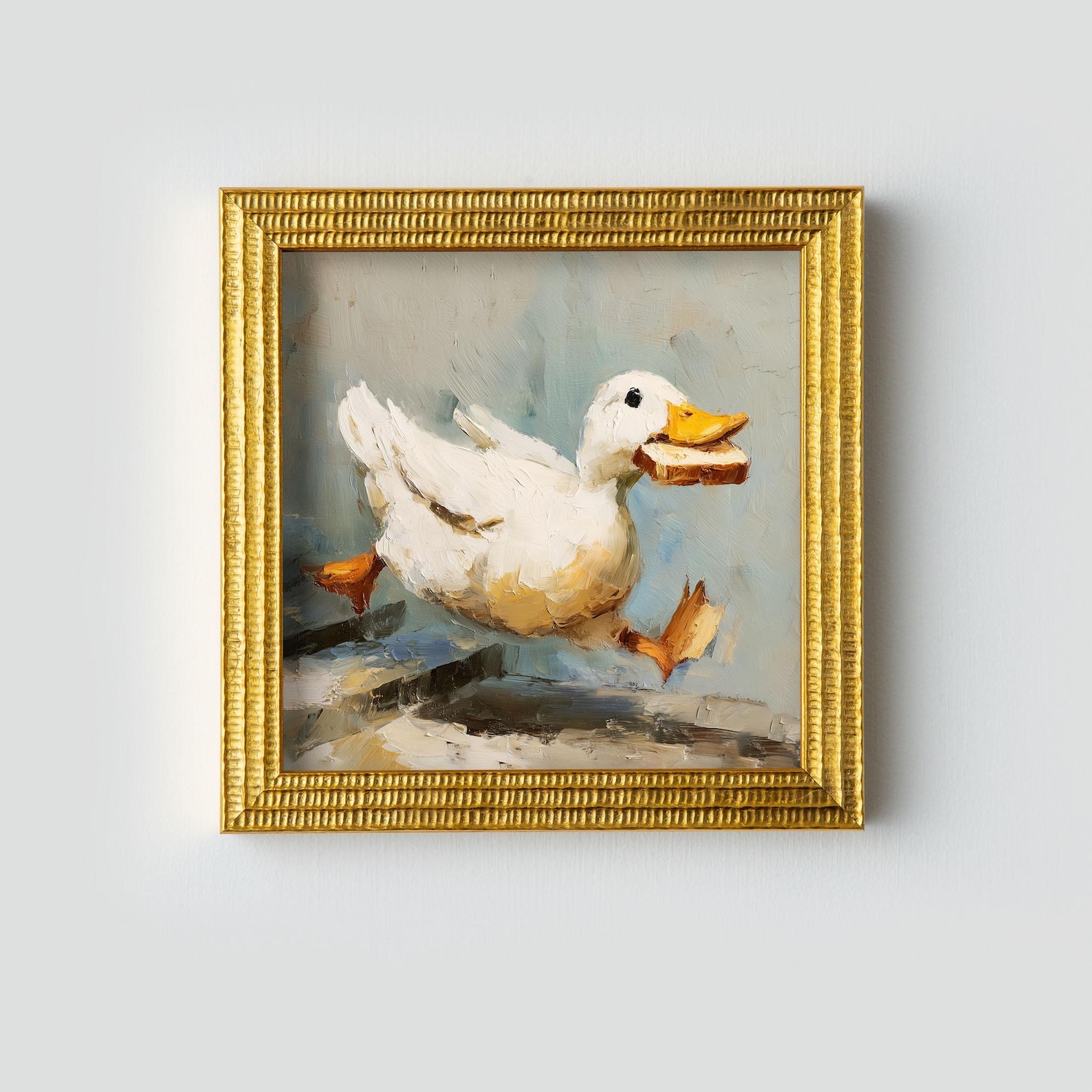 Hand Painted Duck with Bread Oil Painting: Living Room Wall Art Decor, Housewarming Gift
