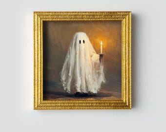 Dipinto ad olio raffigurante un fantasma di Halloween, dipinto a mano: decorazione murale per le feste, opera su tela 5x5.