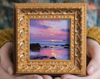 Small Coastal Sunset Oil Painting, Original Hand Painted, Landscape Wall Art, 5X5 Winter Decor, Abstract Artwork, Christmas Gift for Friends
