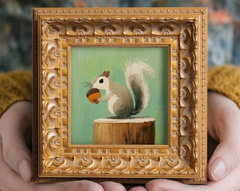 Squirrel With Acorn Original Oil Painting, Small Framed Wall Art, Hand Painted Canvas, Living Room Wall Decor, Gift For Animal Lover