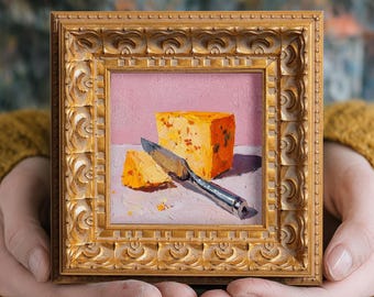 Still life Cheese Oil Painting, Original Hand Painted Food, Kitchen Wall Art Decor, Christmas Gift for Friend, Small 5X5 Gold Frame,