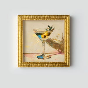Mini Martini Cocktail Oil Painting with Gold Frame | Drink Wall Art, Kitchen Bar Wall Decor, Hand-Painted Gift for Foodie or Bartender
