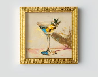 Mini Martini Lienzo Pintura al Óleo: Bodegón Decoración de Pared para Cocina, Marco Dorado de 5.3X5.3
