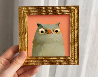 Watchful Owl Oil Painting, Original Small Bird Portrait Art, Bookshelf Decor
