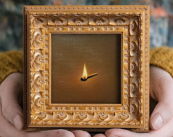 Piccolo dipinto ad olio originale "Lit Match", 5x5 cm, opera d'arte dipinta a mano, arte murale vintage, arredamento minimalista per la casa, regalo di Natale per gli amici