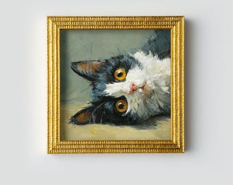 Hand-Painted Tuxedo Cat Oil Painting: Living Room Wall Art Decor, Kitty Portrait Gift
