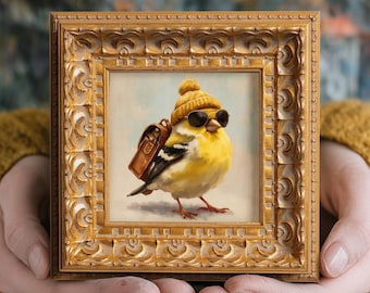 Goldfinch Hiker Small Oil Painting, Hand Painted Original Bird Art, Vintage Wall Art, Gift for Bird Lover, Summer Adventure Decor