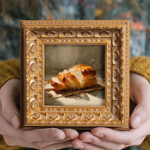 Stilleben, oljemålning av skivat bröd: Väggdekoration i köket, inflyttningspresent 5x5
