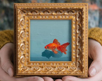 Poisson rouge rouge peint à la main, miniature nature morte à l'huile, décoration murale vintage, petit cadre doré 5x5, cadeau de Saint-Valentin