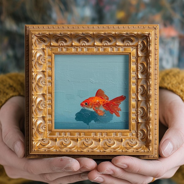 Original Hand Painted Red Goldfish, Mini Still Life Oil Painting, Vintage Wall Art Decor, Small Gold Framed 5x5 Artwork, Valentine Gifts