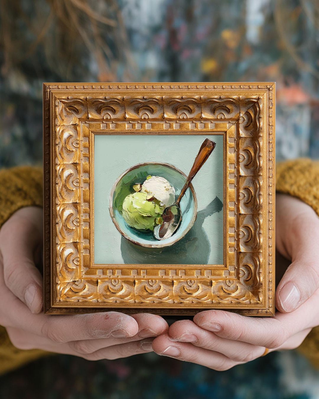 Still Life Pistachio Ice Cream Oil Painting, Small Hand Painted ...