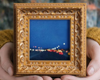 Piccolo dipinto ad olio originale, opera d'arte dipinta a mano, decorazione da parete per sala lettura, 5x5, regalo di Natale per amici, luci della città di notte