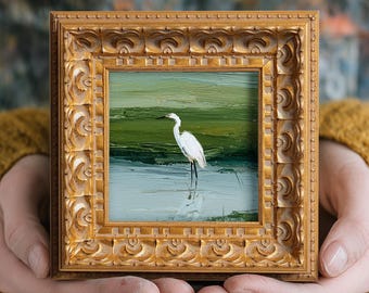 Original Hand Painted White Heron Oil Painting, Small Framed Wetland Wall Art, Bird Canvas Decor