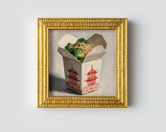 Still Life Takeout Noodles Oil Painting: Kitchen Wall Art Decor, 5X5  Housewarming Gift