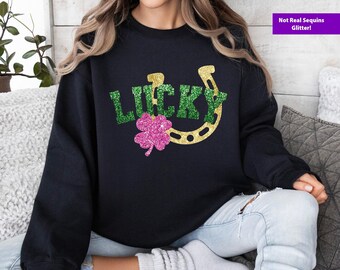 St. Patrick's Day Lucky Sweatshirt, Faux Glitter Sequin Design, Lucky Irish Shirt, Irish Crewneck, Women Glitter Patrick's Day Sweatshirt