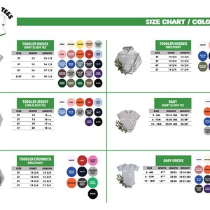 The image is a size chart and color chart for children's clothing, including toddler-sized shirts and sweaters.