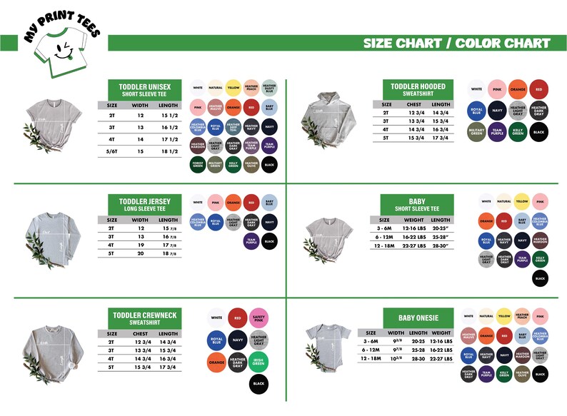 The image is a size chart and color chart for children's clothing, including toddler-sized shirts and sweaters.