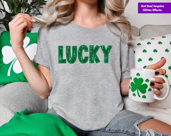 Lucky St. Patrick's Day Sweatshirt, Faux Glitter Sequin Design, Lucky Irish Shirt, Irish Crewneck, Women Glitter Patrick's Day Sweatshirt