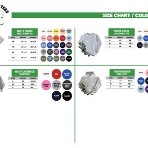 The image is a size chart and color chart for youth sweatshirts, displaying various sizes and colors available for purchase.