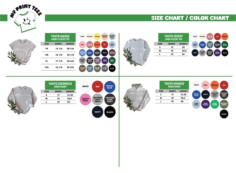The image is a size chart and color chart for youth sweatshirts, displaying various sizes and colors available for purchase.