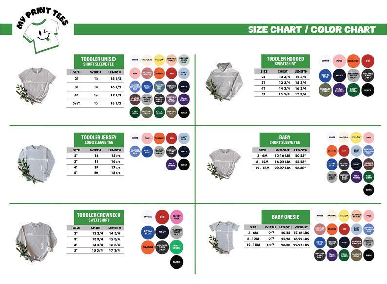 The image is a size chart and color chart for children's clothing, including toddler-sized shirts and sweaters.