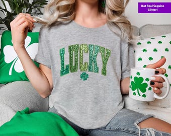 St. Patrick's Day Lucky Sweatshirt, Faux Glitter Sequin Design, Lucky Irish Shirt, Irish Crewneck, Women Glitter Patrick's Day Sweatshirt