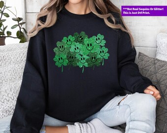 St Patrick’s Day Shamrock Sparkly Face Shirt, Lucky Irish Faux Sequin Shirt, St. Patrick's Day Shirt, St. Patty's Day Shirt, Clover Shirt