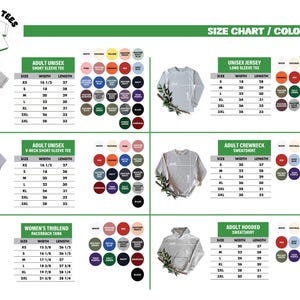 The image is a size chart and color chart for various types of shirts, including adult undershirts, casual shirts, and hoodies.