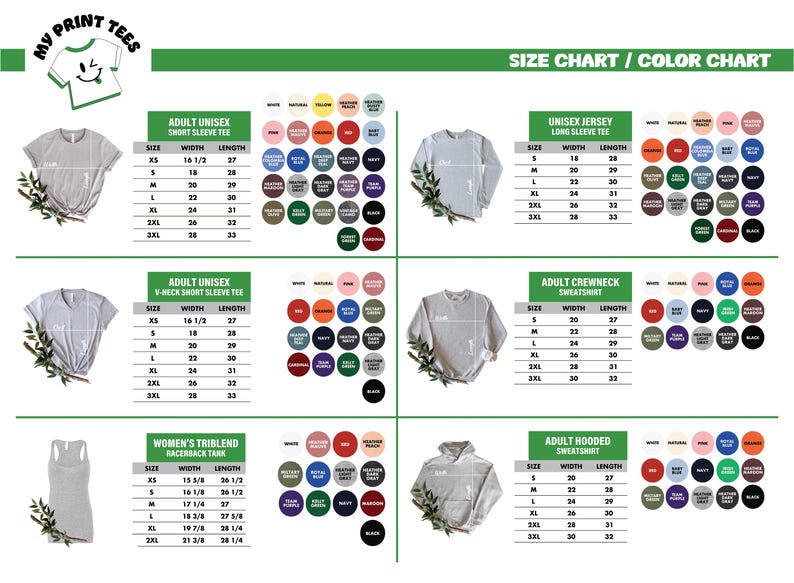The image is a size chart and color chart for various types of shirts, including adult undershirts, casual shirts, and hoodies.