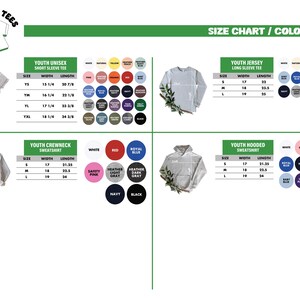 The image is a size chart and color chart for youth sweatshirts, displaying various sizes and colors available for purchase.