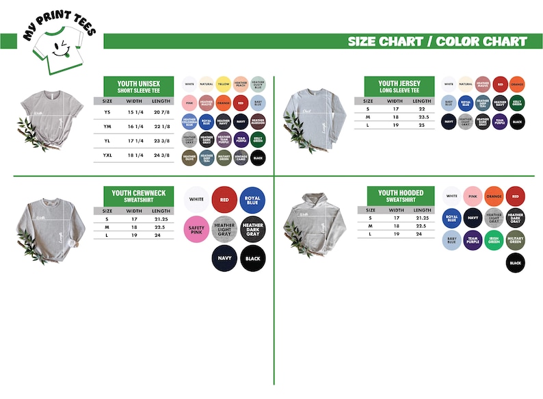 The image is a size chart and color chart for youth sweatshirts, displaying various sizes and colors available for purchase.