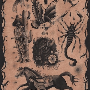 Traditional Native American Western Tattoo Flash Sheet - Original Hand Painted Design
